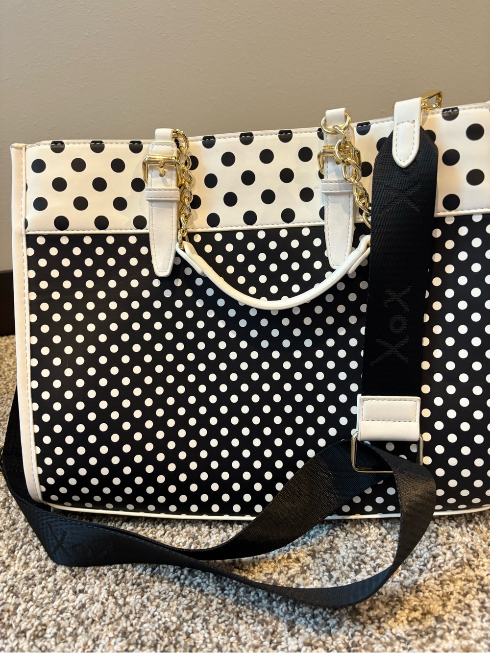 Betsey Johnson Black & White Polka Dot Tote with Pink Pom Charm - Picture 4 of 10